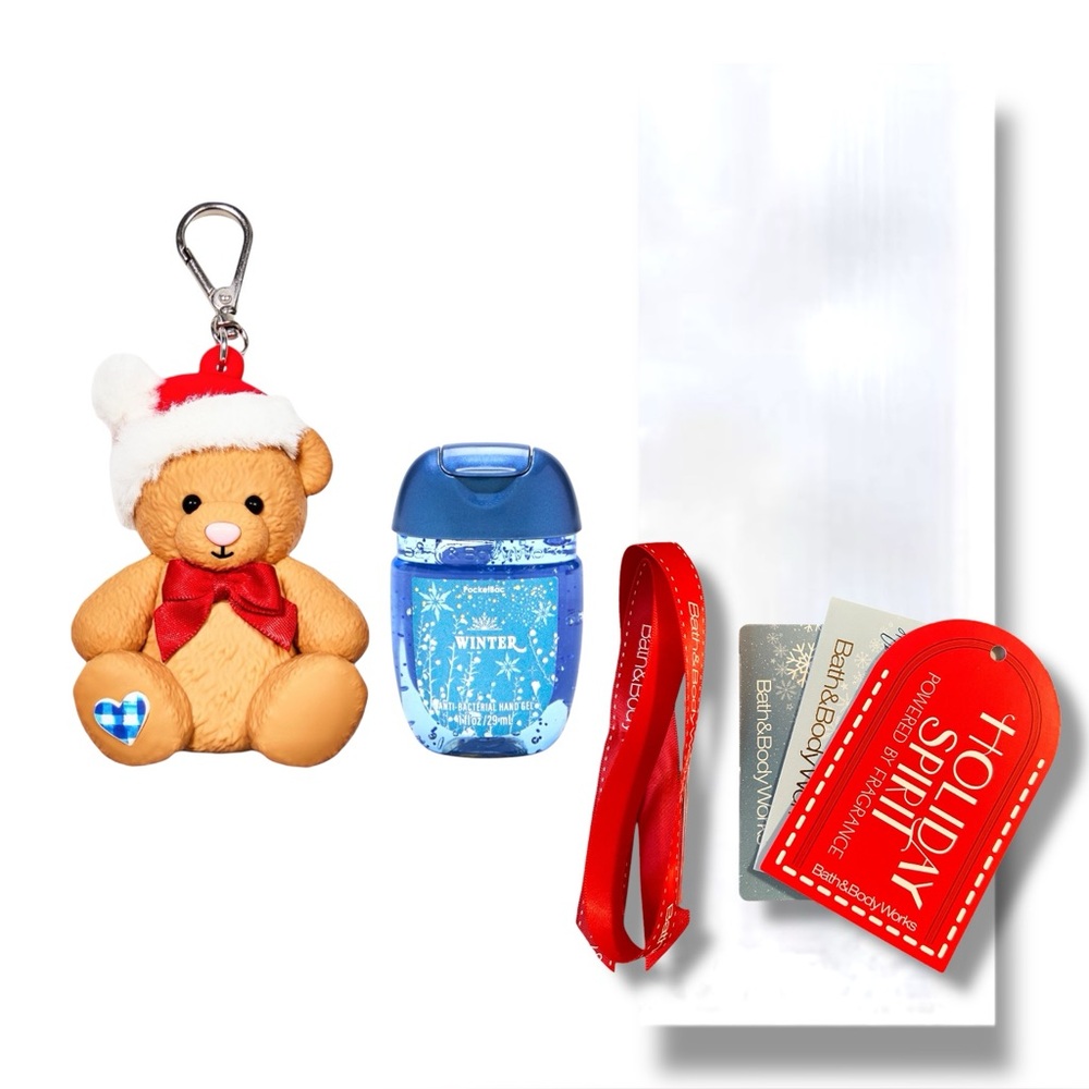 BBW Holiday Bundle Teddy Bear PocketBac Holder Winter Gel Gift Card & Gift Wrap